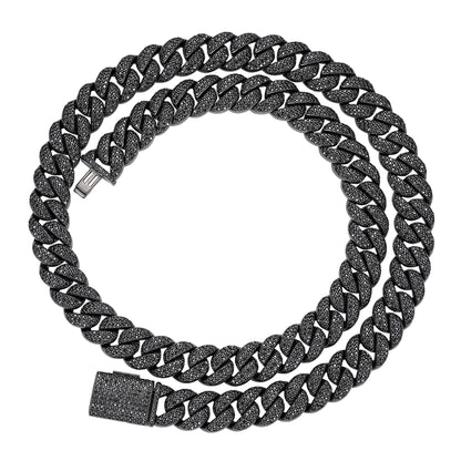 Sterling Silver 12mm Round Black Moissanite Miami Cuban Chain 22 Inch Men Necklace  19-5/8 Ctw