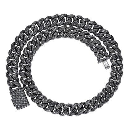 Sterling Silver 15mm Round Black Moissanite Miami Cuban Chain 22 Inch Men Necklace  27-1/3 Ctw