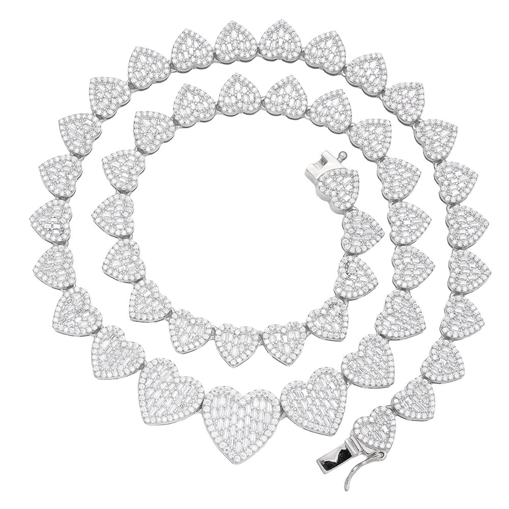 Sterling Silver Round Baguette Moissanite Heart 18 Inch Necklace 15-3/4 Ctw