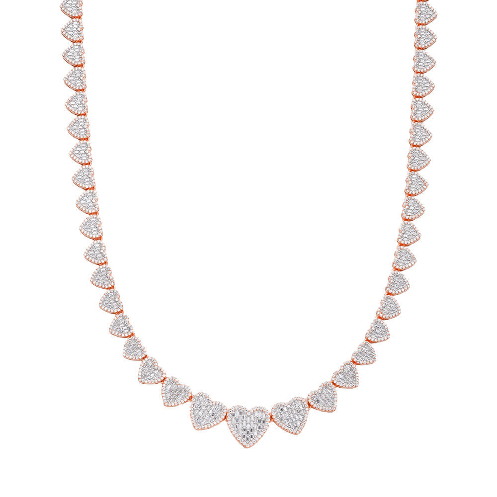 Sterling Silver Round Baguette Moissanite Heart 18 Inch Necklace 15-3/4 Ctw