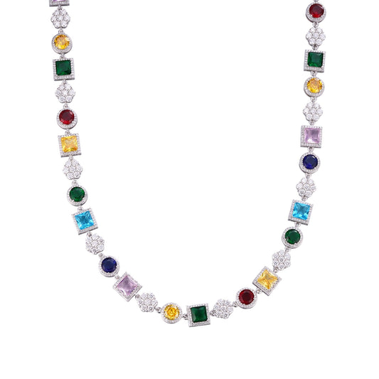 Sterling Silver Round Moissanite 7 Stone Flower with Color Stone Designer 22 Inch Necklace 16-3/8 Ctw