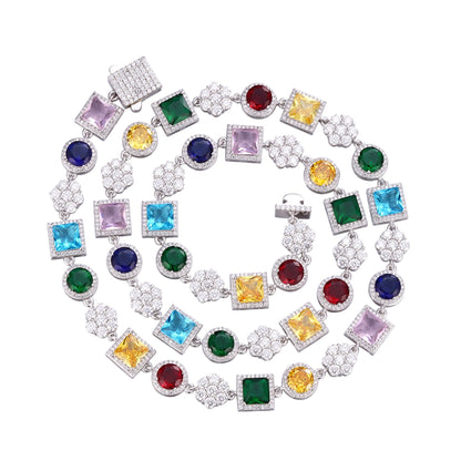 Sterling Silver Round Moissanite 7 Stone Flower with Color Stone Designer 22 Inch Necklace 16-3/8 Ctw