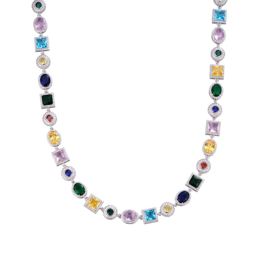 Sterling Silver Moissanite Round with Color Stone Designer 22 Inch Necklace 13-1/3 Ctw