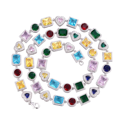 Sterling Silver Round Moissanite Heart with Color Stone Designer 22 Inch Necklace 10-7/8 Ctw