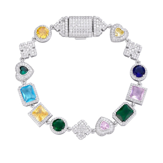 Sterling Silver Round Moissanite Cross with Color Stone Designer 8 Inch Bracelet 4-3/8 Ctw