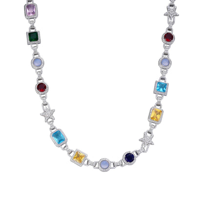 Sterling Silver Round Moissanite Star with Color Stone Designer 22 Inch Necklace 15-1/2 Ctw