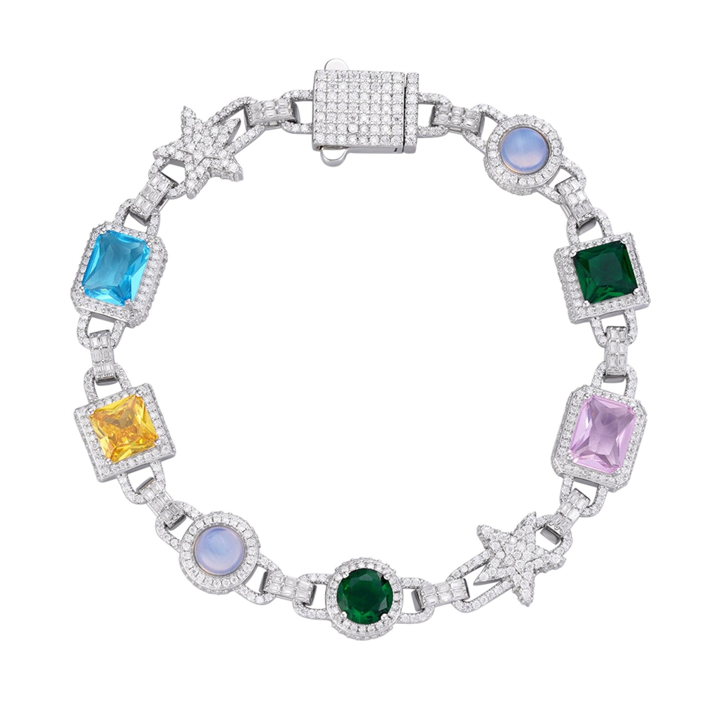 Sterling Silver Round Moissanite Star with Color Stone Designer 8 Inch Bracelet 5-1/3 Ctw