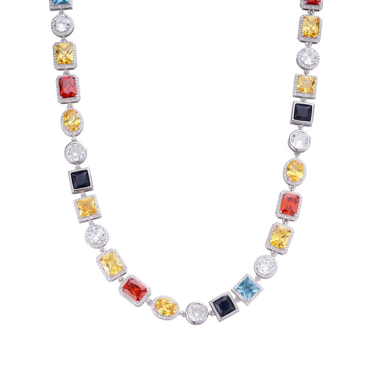 Sterling Silver Moissanite Round with Color Stone Designer 22 Inch Necklace 4-1/4 Ctw