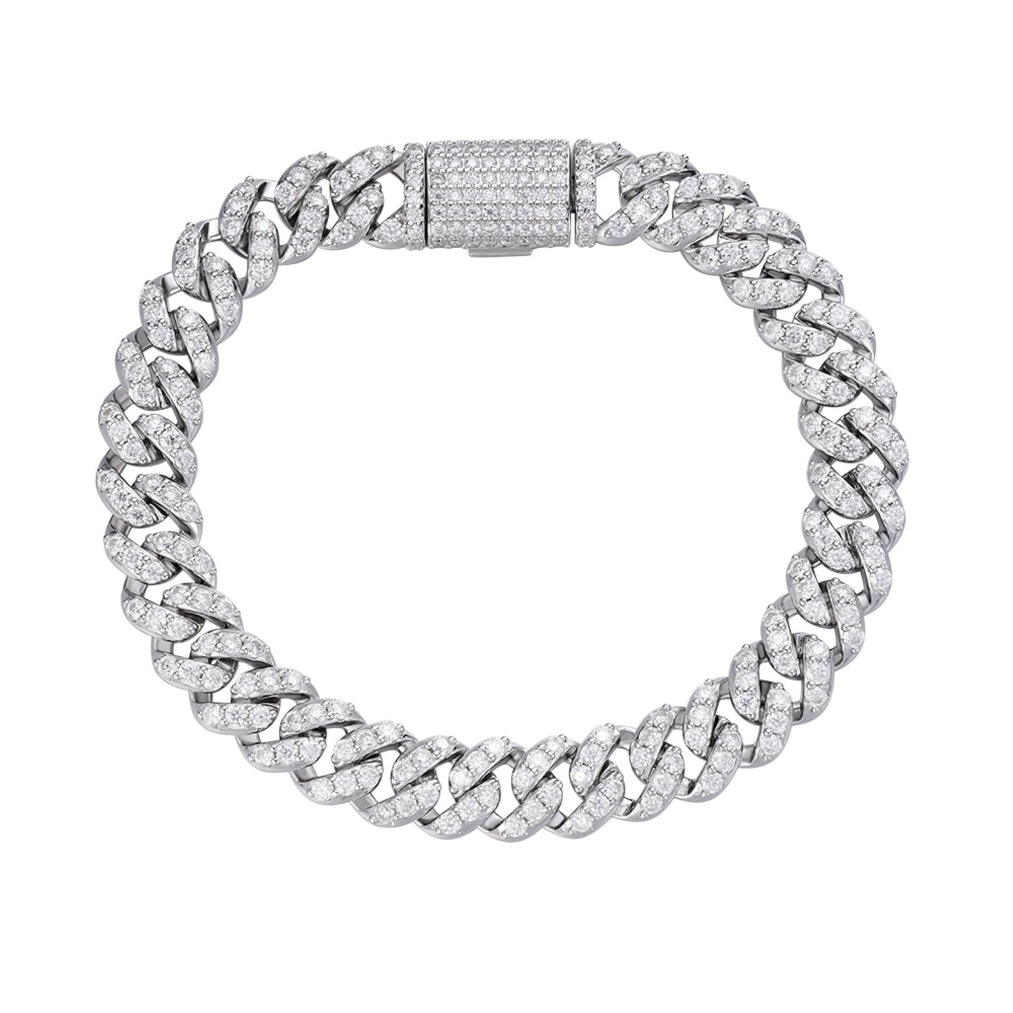 Sterling Silver 10mm Round Moissanite 1 Row Cuban 8 Inch Bracelet 8-1/4 Ctw