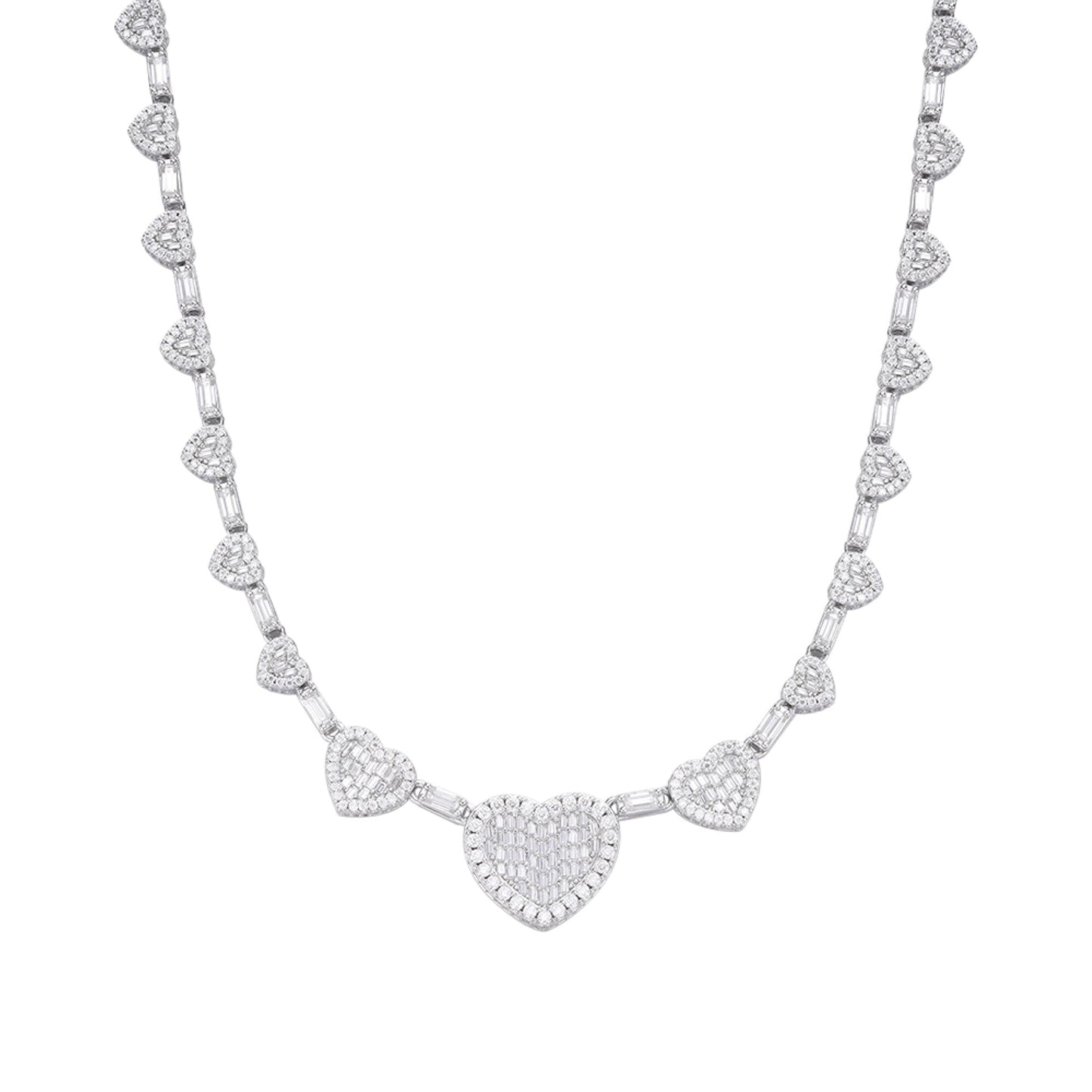 Sterling Silver Round Baguette Moissanite Heart Designer 18 Inch Necklace 14-5/8 Ctw