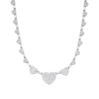 Sterling Silver Round Baguette Moissanite Heart Designer 18 Inch Necklace 14-5/8 Ctw