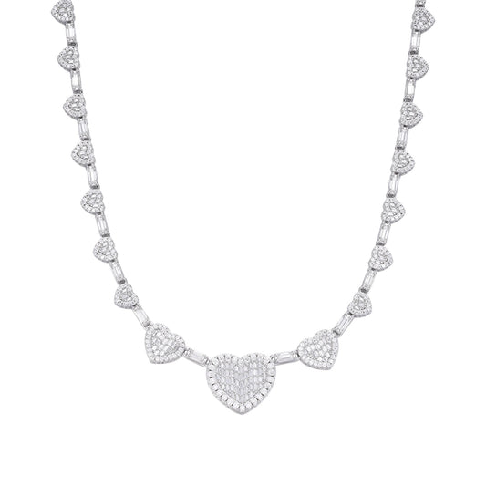 Sterling Silver Round Baguette Moissanite Heart Designer 18 Inch Necklace 14-5/8 Ctw