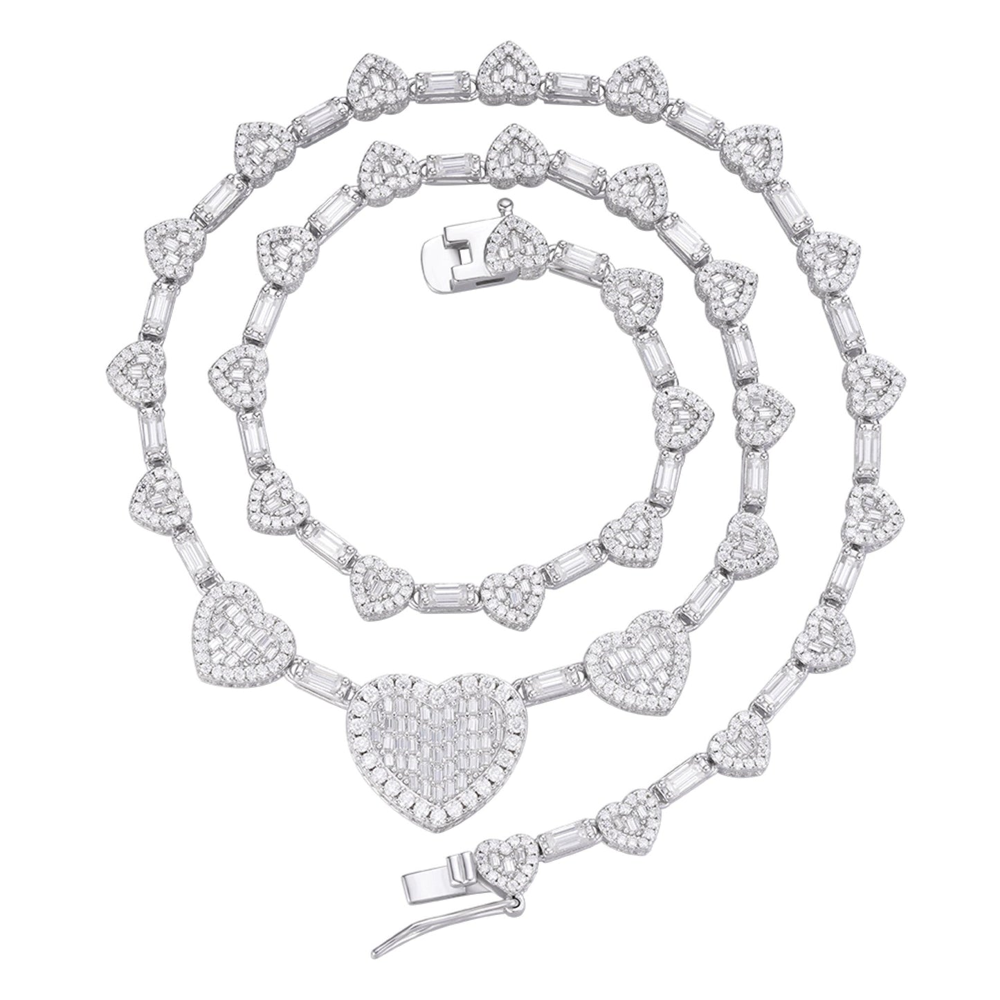 Sterling Silver Round Baguette Moissanite Heart Designer 18 Inch Necklace 14-5/8 Ctw