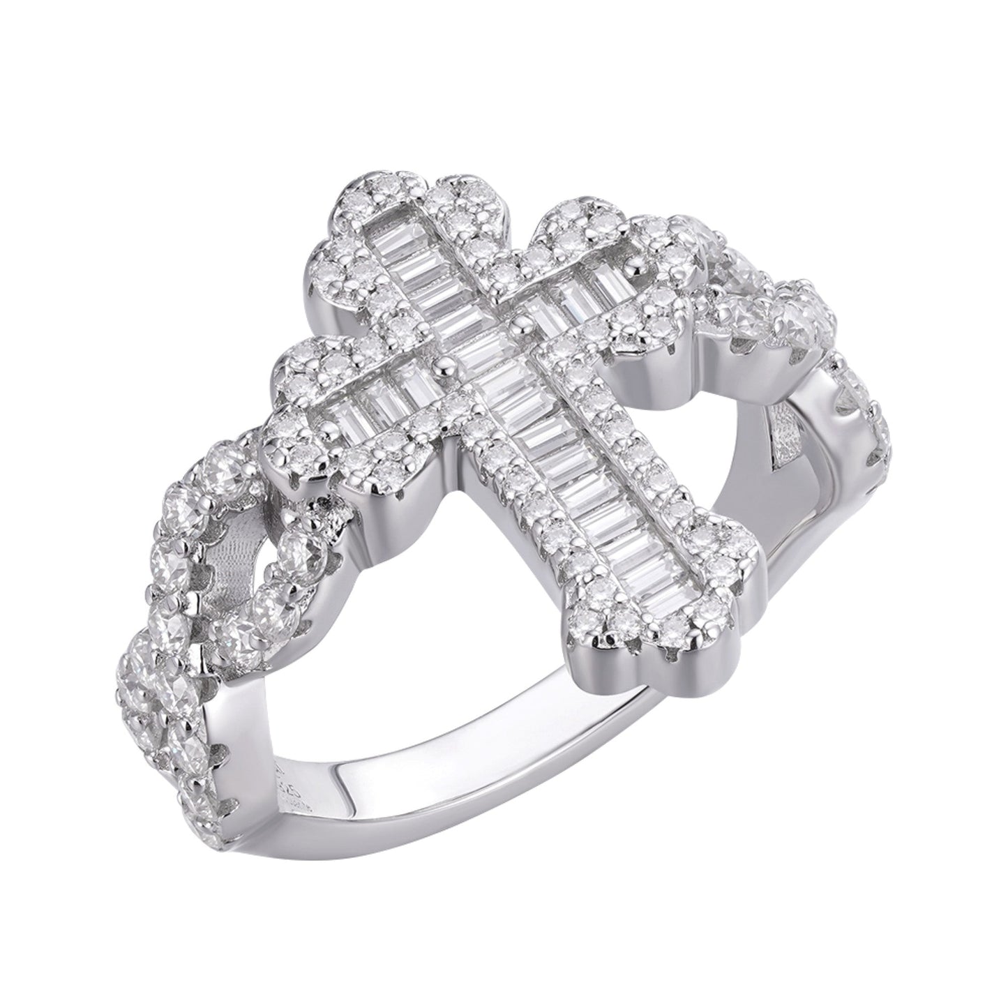 Sterling Silver Round Baguette Moissanite Cross Religious Size 9 Ring 1-5/8 Ctw