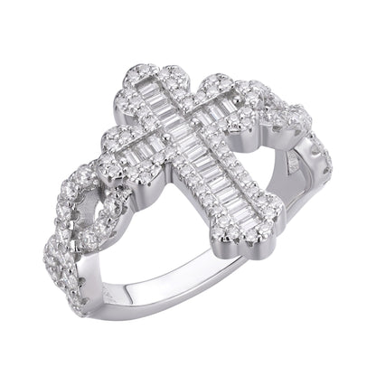 Sterling Silver Round Baguette Moissanite Cross Religious Size 9 Ring 1-5/8 Ctw