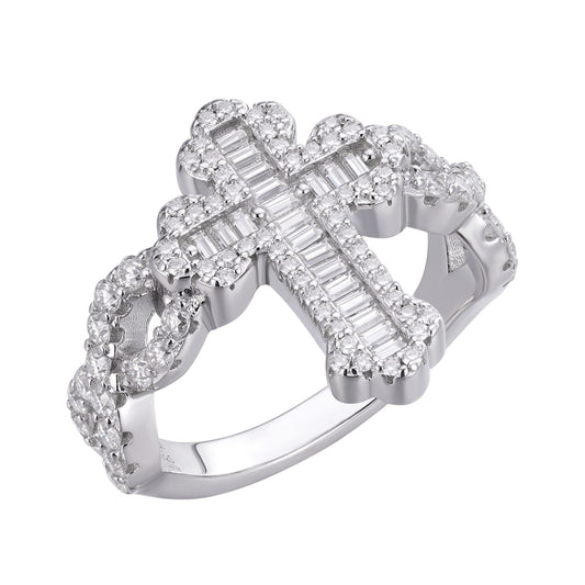 Sterling Silver Round Baguette Moissanite Cross Religious Size 9 Ring 1-5/8 Ctw