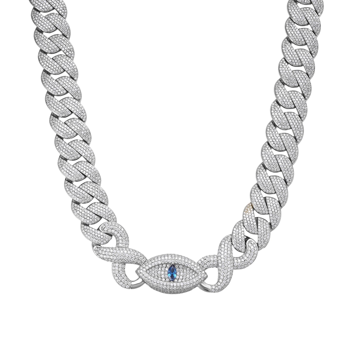 Sterling Silver Round Moissanite 15mm Inifinity Cuban With Evil Eye Designer 22 Inch Men Necklace 35-3/4 Ctw