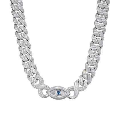 Sterling Silver Round Moissanite 15mm Inifinity Cuban With Evil Eye Designer 22 Inch Men Necklace 35-3/4 Ctw