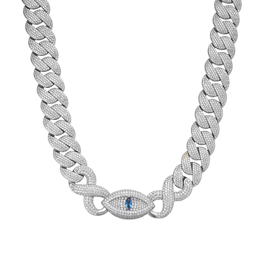 Sterling Silver Round Moissanite 15mm Inifinity Cuban With Evil Eye Designer 22 Inch Men Necklace 35-3/4 Ctw