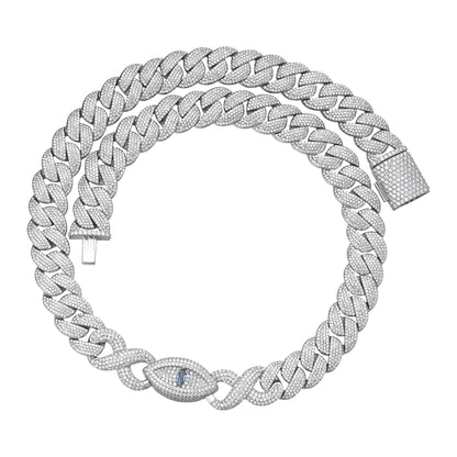 Sterling Silver Round Moissanite 15mm Inifinity Cuban With Evil Eye Designer 22 Inch Men Necklace 35-3/4 Ctw