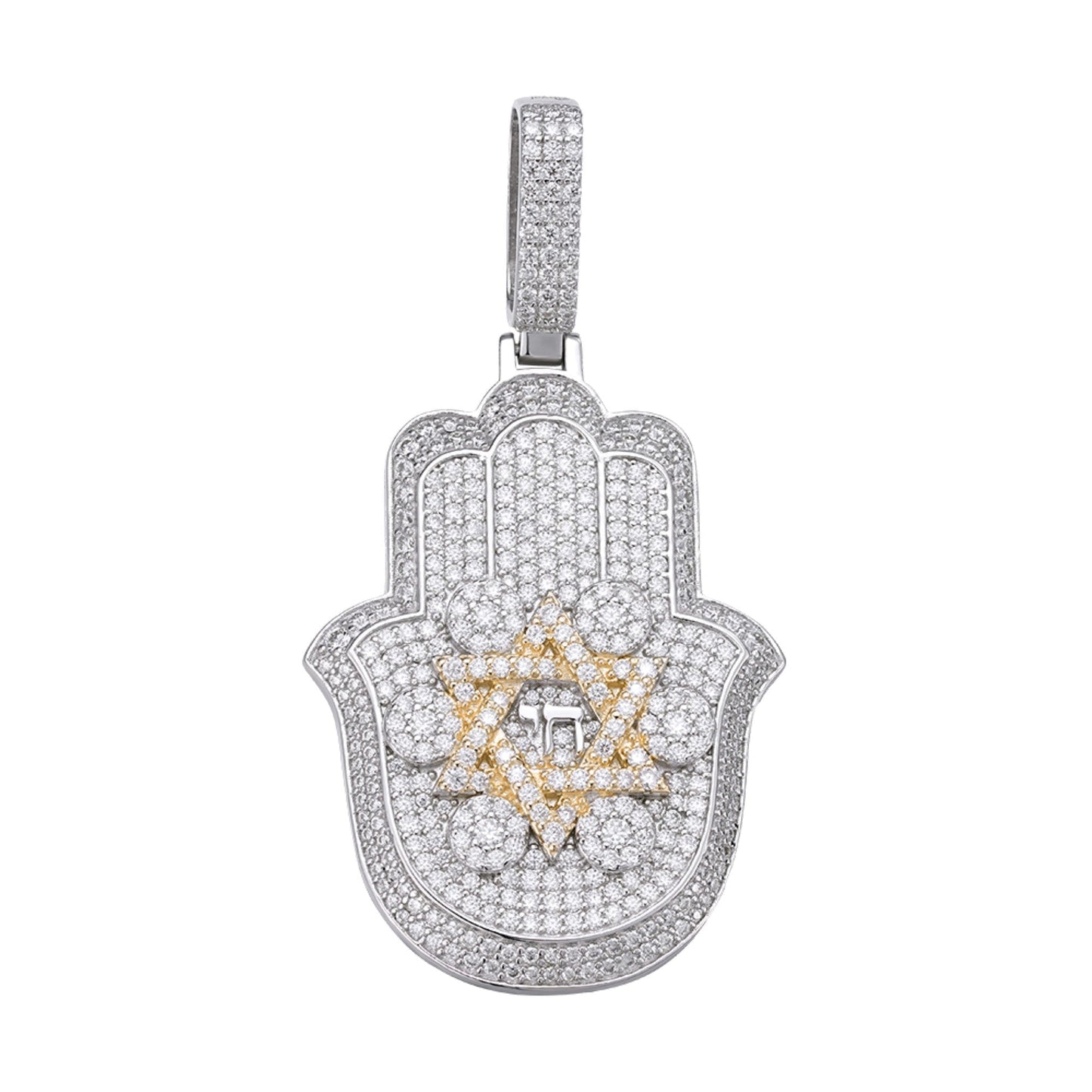 Sterling Silver Round Moissanite Hamza Hand Religious Pendant 3-5/8 Ctw
