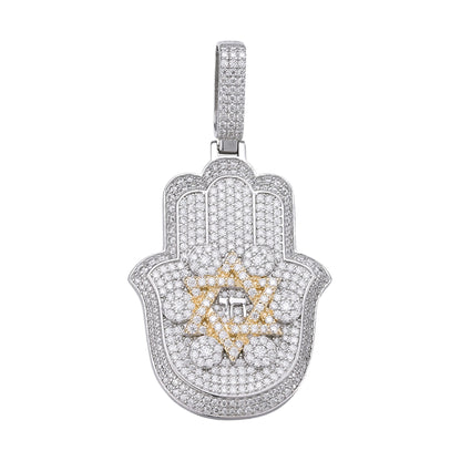 Sterling Silver Round Moissanite Hamza Hand Religious Pendant 3-5/8 Ctw