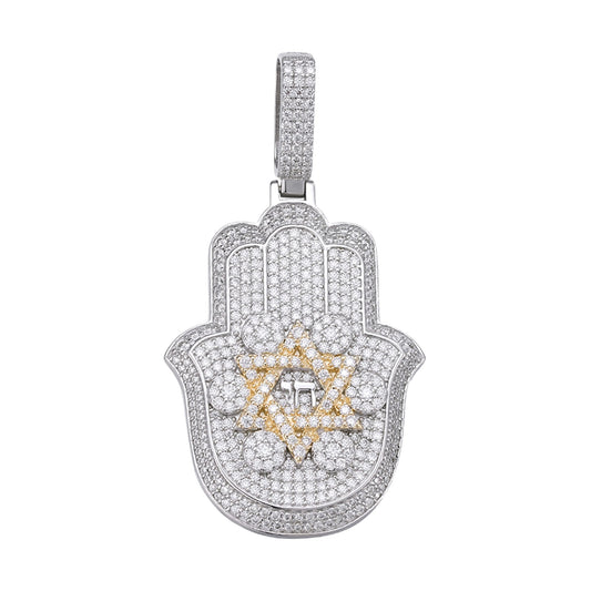 Sterling Silver Round Moissanite Hamza Hand Religious Pendant 3-5/8 Ctw