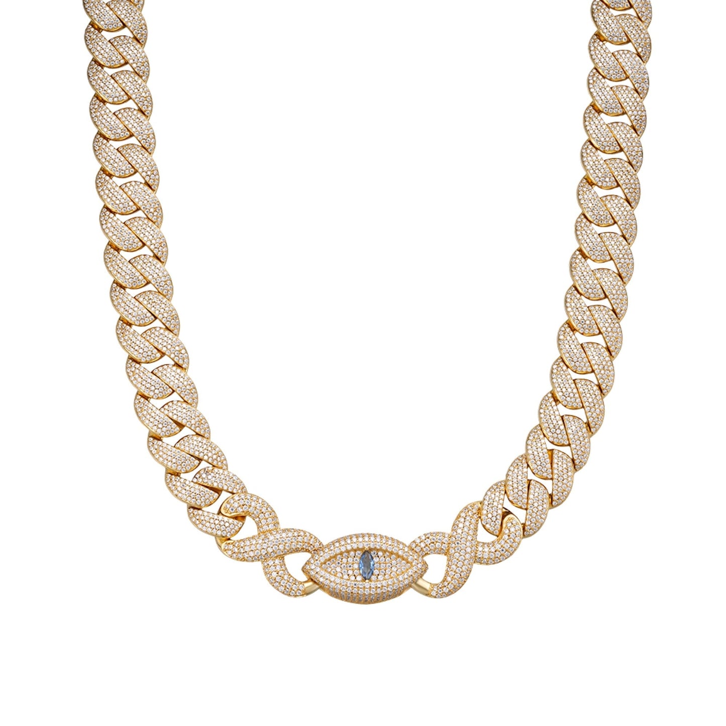 Sterling Silver Round Moissanite 15mm Inifinity Cuban With Evil Eye Designer 22 Inch Men Necklace  27-1/8 Ctw