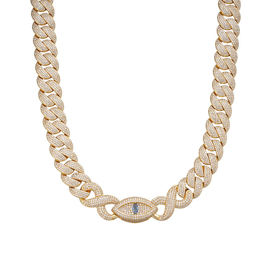 Sterling Silver Round Moissanite 15mm Inifinity Cuban With Evil Eye Designer 22 Inch Men Necklace  27-1/8 Ctw
