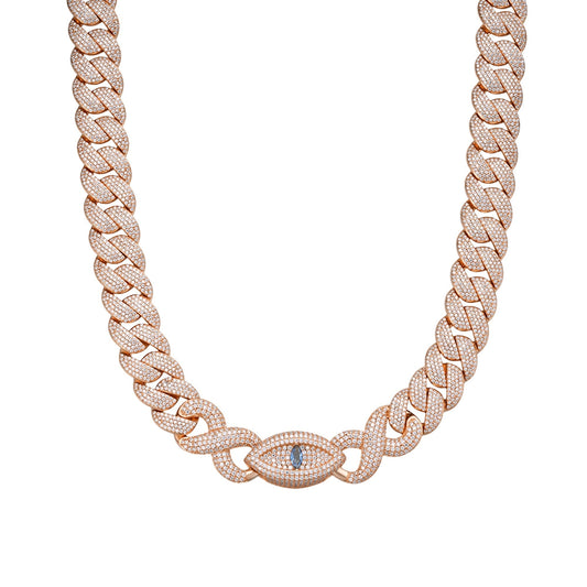 Sterling Silver Round Moissanite 15mm Inifinity Cuban With Evil Eye Designer 22 Inch Men Necklace  27-1/8 Ctw