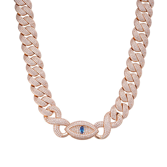 Sterling Silver Round Moissanite 18mm Inifinity Cuban With Evil Eye Designer 22 Inch Men Necklace  35 Ctw