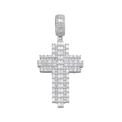 Sterling Silver 30mm Round Baguette Moissanite Cross Religious Pendant 2-3/4 Ctw