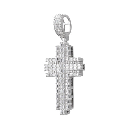 Sterling Silver 30mm Round Baguette Moissanite Cross Religious Pendant 2-3/4 Ctw