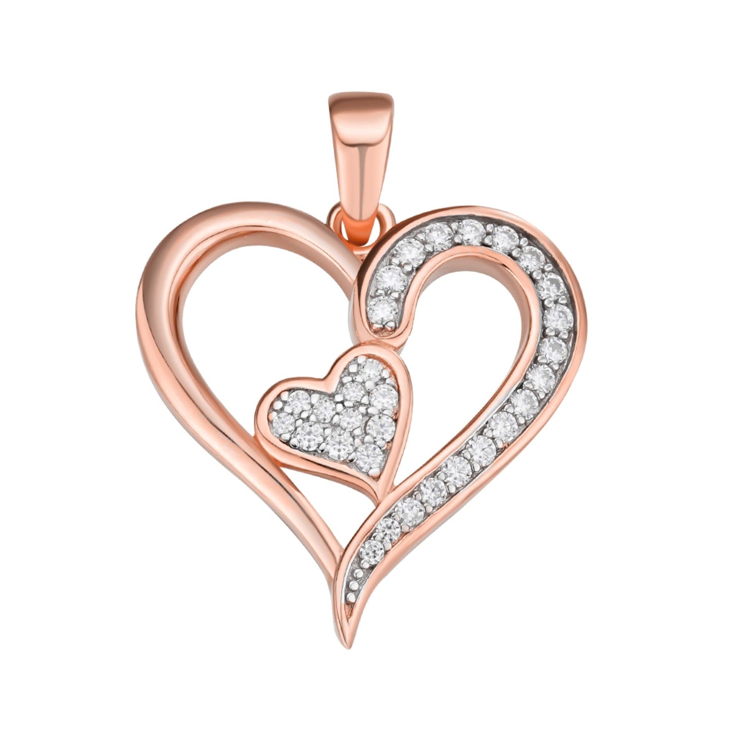 Sterling Silver Round Moissanite Double Heart Designer Pendant 1/4 Ctw