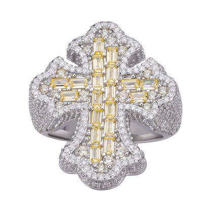 Sterling Silver Round Moissanite With Golden CZ Men Cross Religious Size 10 Ring 2-5/8 Ctw