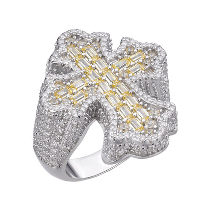 Sterling Silver Round Moissanite With Golden CZ Men Cross Religious Size 10 Ring 2-5/8 Ctw