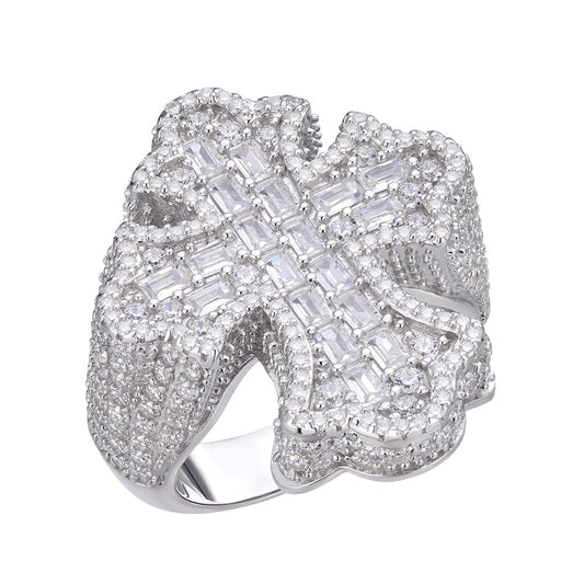 Sterling Silver Round Moissanite With White CZ Men Cross Religious Size 10 Ring 2-5/8 Ctw