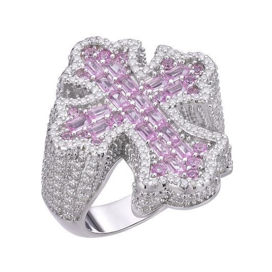 Sterling Silver Round Moissanite With Rose CZ Men Cross Religious Size 10 Ring 2-5/8 Ctw