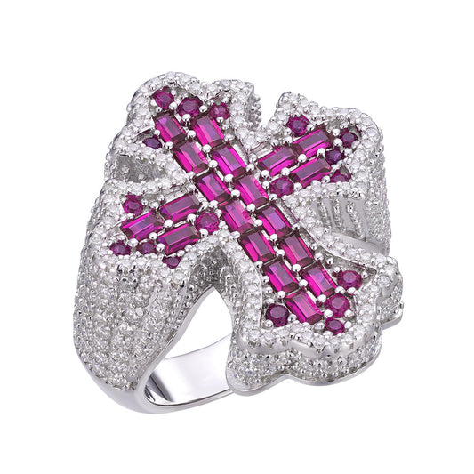 Sterling Silver Round Moissanite With Red CZ Men Cross Religious Size 10 Ring 2-5/8 Ctw