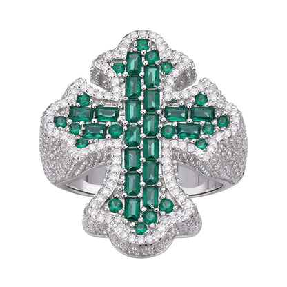 Sterling Silver Round Moissanite With Emerald CZ Men Cross Religious Size 10 Ring 2-5/8 Ctw