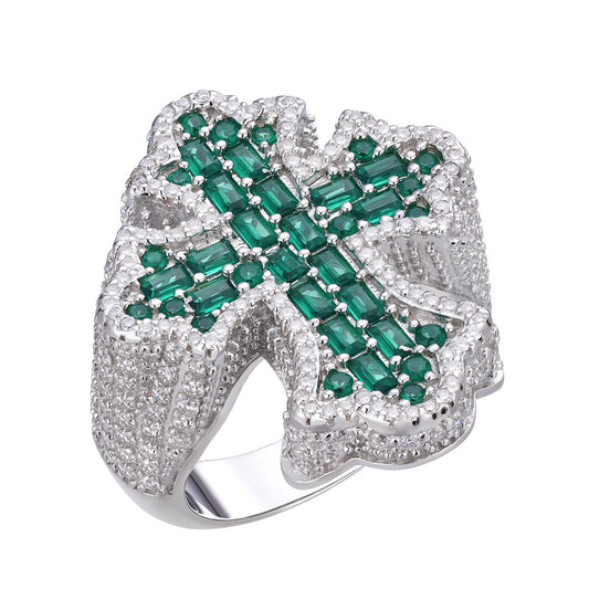 Sterling Silver Round Moissanite With Emerald CZ Men Cross Religious Size 10 Ring 2-5/8 Ctw