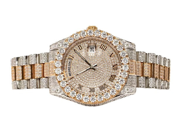 Moissanite Stainless Steel Rose Two Tone Band Men Watch 17-1/3 Ctw