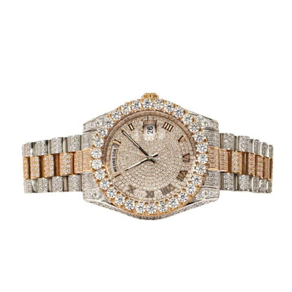 Moissanite Stainless Steel Rose Two Tone Band Men Watch 17-1/3 Ctw