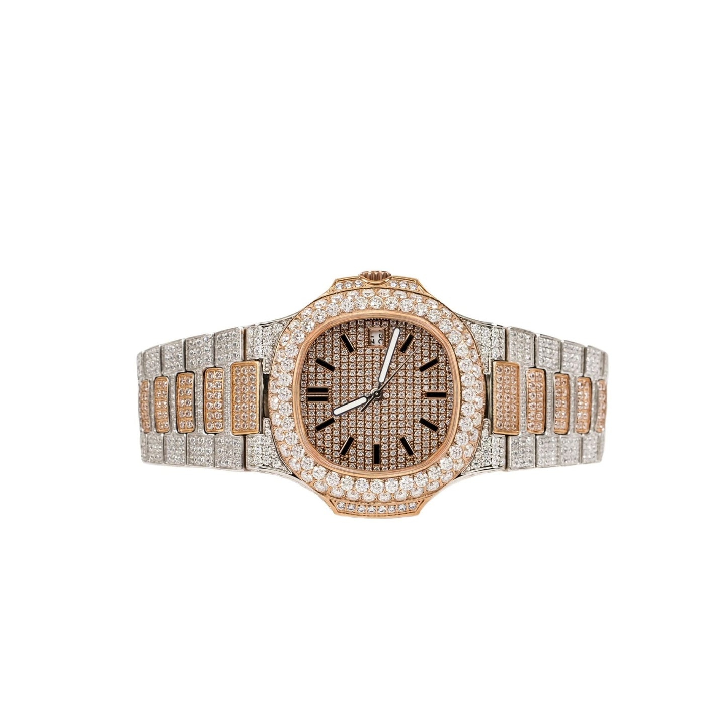 Moissanite Stainless Steel Rose Two Tone Band Men Watch 18-1/3 Ctw