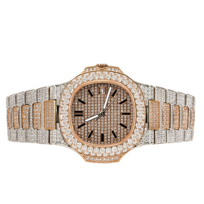 Moissanite Stainless Steel Rose Two Tone Band Men Watch 18-1/3 Ctw