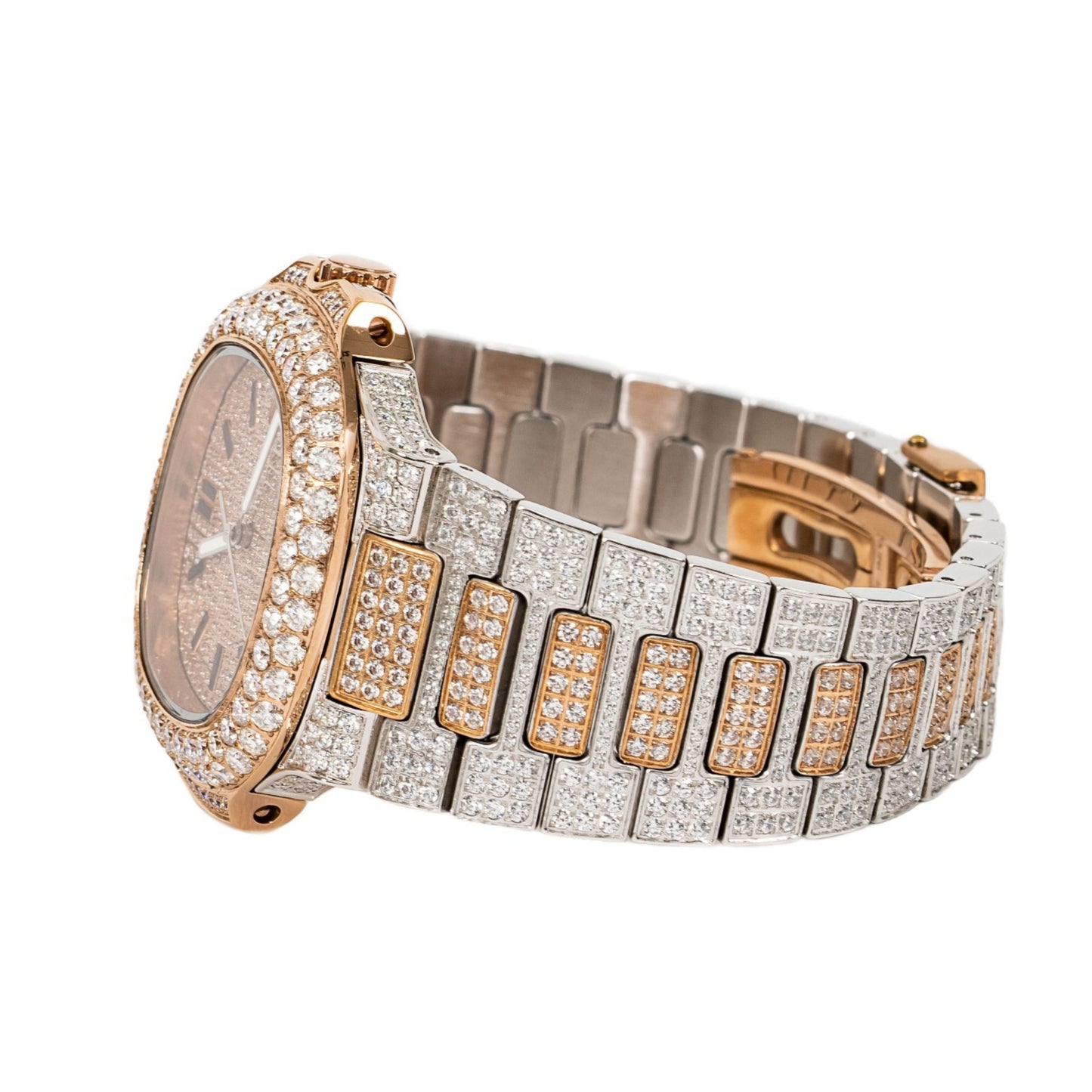 Moissanite Stainless Steel Rose Two Tone Band Men Watch 18-1/3 Ctw