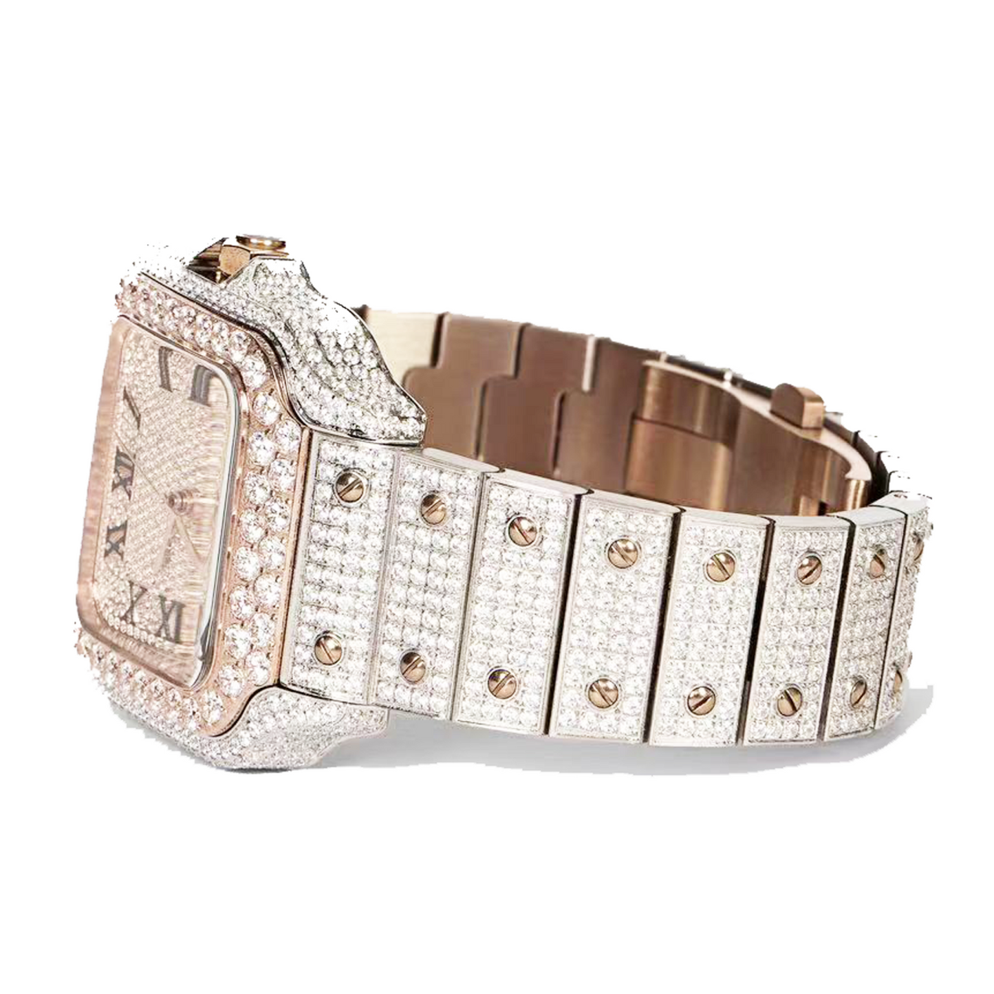 Moissanite Stainless Steel Rose Two Tone Band Men Watch 20.20 Ctw