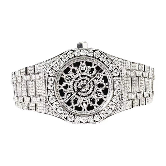 Moissanite Stainless Steel Skeleton Dial White Band Men Watch