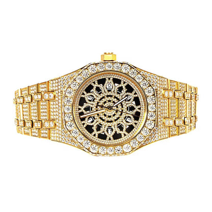 Moissanite Stainless Steel Skeleton Dial Yellow Band  Men Watch