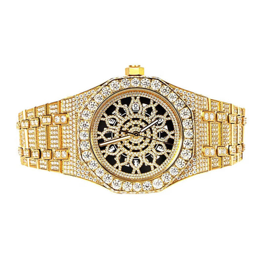 Moissanite Stainless Steel Skeleton Dial Yellow Band  Men Watch